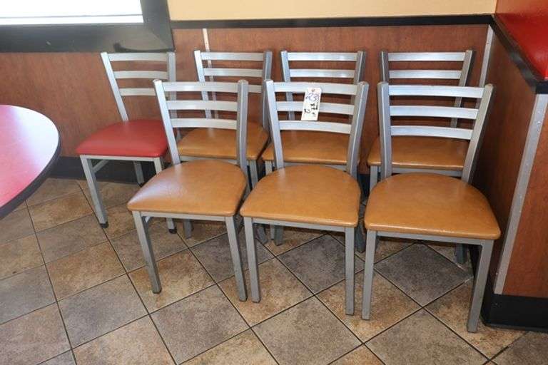 Times 7 - Silver metal framed ladder back dining chairs with brown & red padded seats - lot comes with 2 extra rougher chairs
