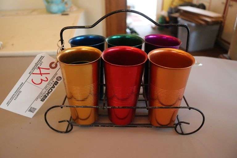 Mid Century colorful collection 6 metal glasses with holder and non matching water pitcher