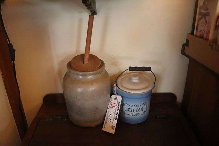 Pair to go - salt glazed butter churn and Butter crock (cracked)