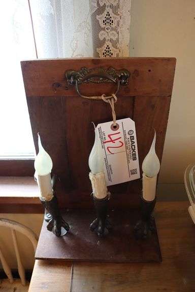 Custom made electric three candle light with oak back drop