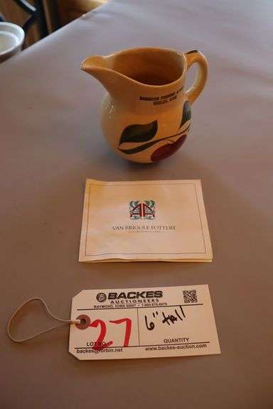 6" tall Watts Apple Leaf ceramic pottery pitcher with Robinson Produce & Feed, Wesley, Iowa