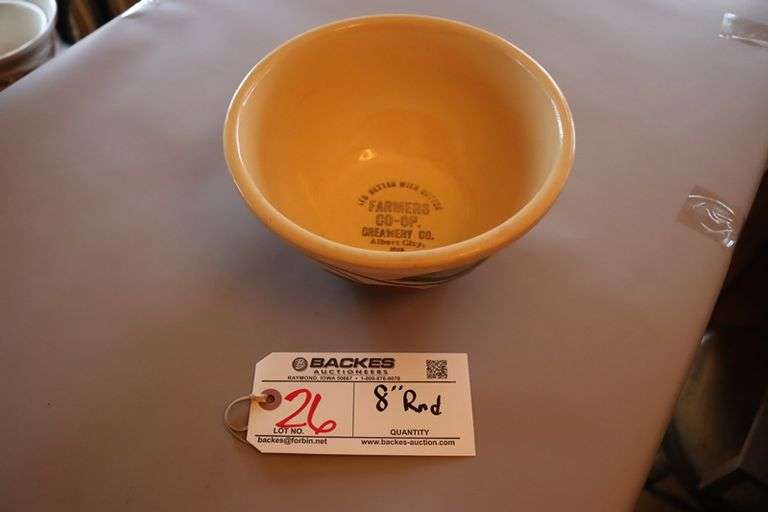 8" round Watts Apple Leaf ceramic pottery with Farmers Co-Op, Albert City, Iowa