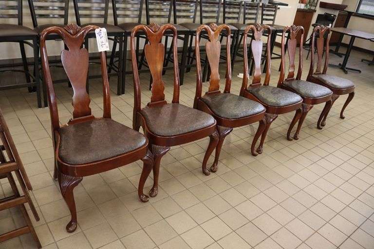 Times 6 - ornate dining room chairs with black vinyl padded seats