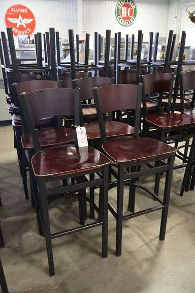 Times 12 - Black metal framed cherry finished wood seat & back bar chairs - wood has some knicks around corners