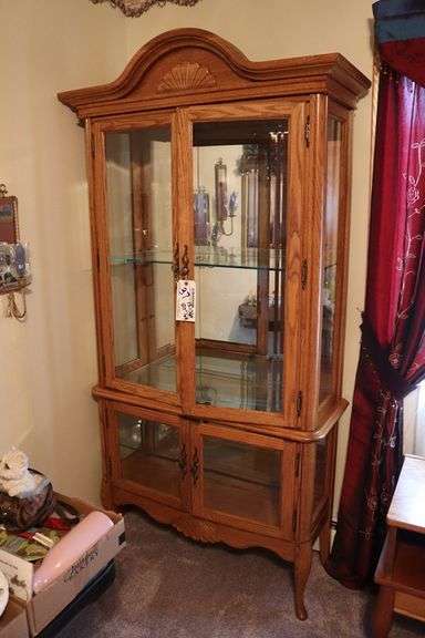 36" x 80" tall x 15" deep oak 4 glass door display cabinet - lighted - nice
