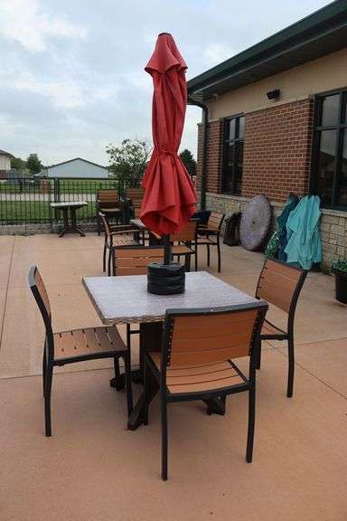 Patio set - 36" x 36" Grosfilex patio table with 4 chairs and umbrella and weights