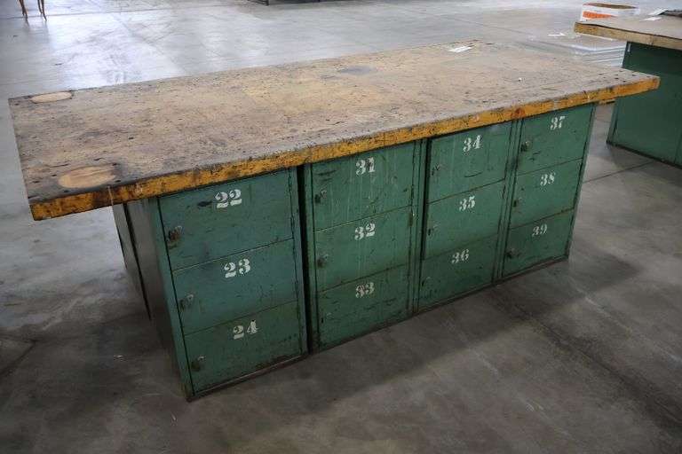 45" x 96" x 2" Thick shop table with 24 bay locker metal base cabinet