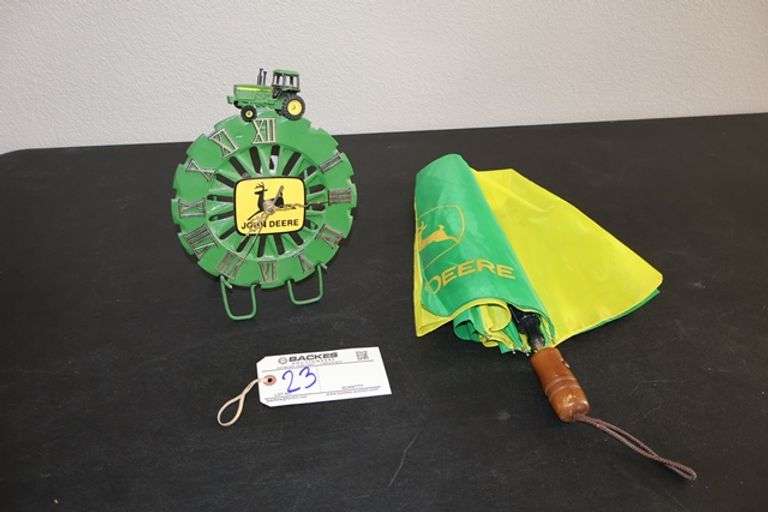 All to go - 9" metal John Deere clock & umbrella - Located upstairs