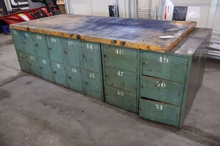 45" x 96" x 2" Thick shop table with 36 bay locker metal base cabinet