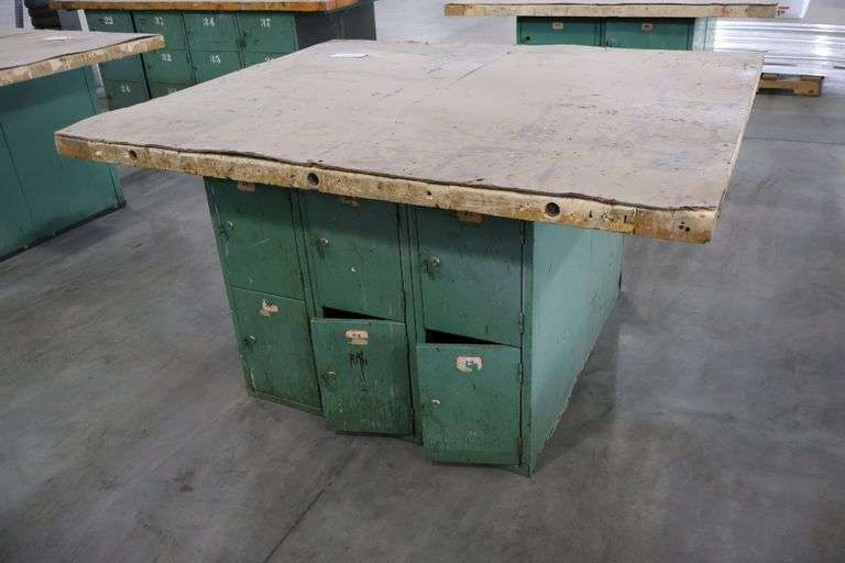 54" x 64" x 2" Thick shop table with 12 bay locker metal base cabinet