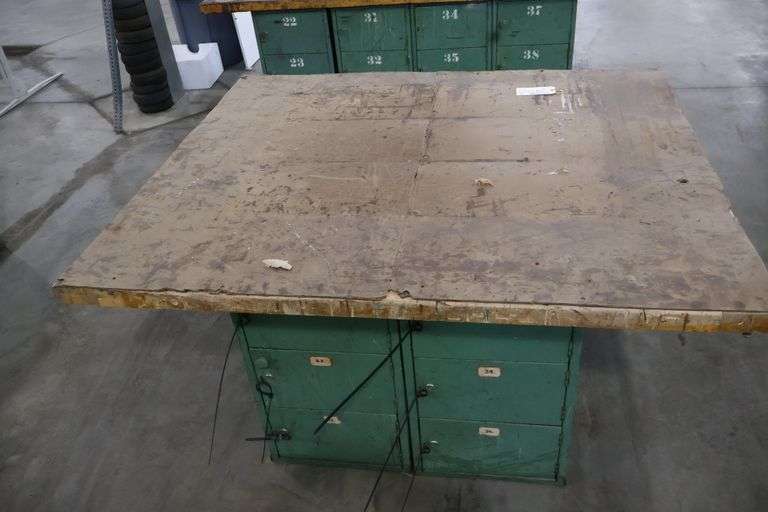 54" x 64" x 2" Thick shop table with 12 bay locker metal base cabinet