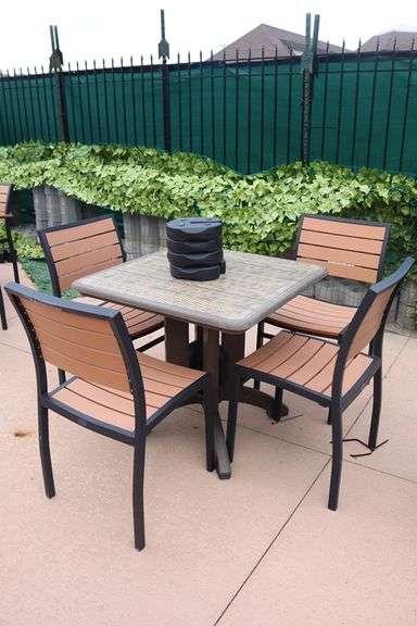 Patio set - 36" x 36" Grosfilex patio table with 4 chairs and umbrella and weights