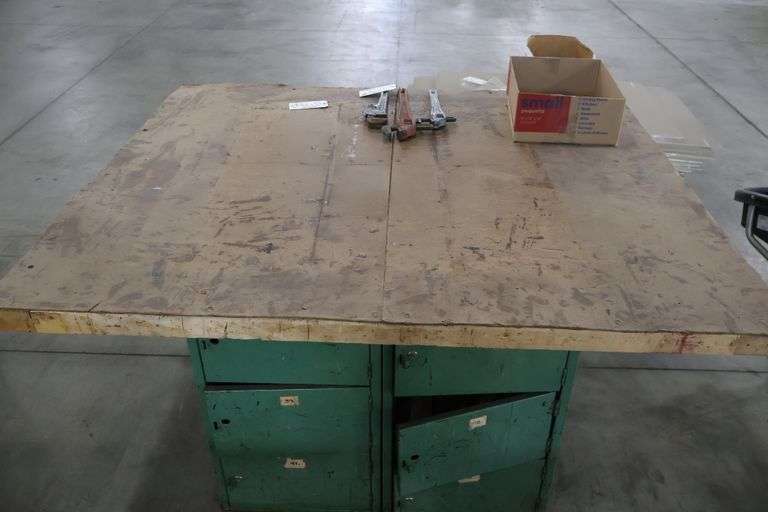 54" x 64" x 2" Thick shop table with 12 bay locker metal base cabinet
