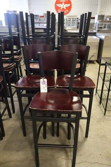 Times 11 - Black metal framed cherry finished wood seat & back bar chairs - wood has some knicks around corners