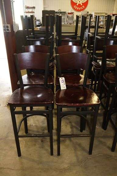 Times 12 - Black metal framed cherry finished wood seat & back bar chairs - wood has some knicks around corners