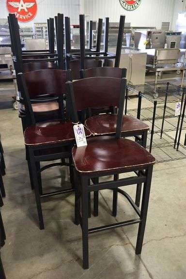 Times 11 - Black metal framed cherry finished wood seat & back bar chairs - wood has some knicks around corners