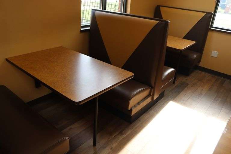 Times 4 - 4 passenger, brown and tan vinyl padded backs and seats booth openings with wall mount tables - very nice heavy duty booths