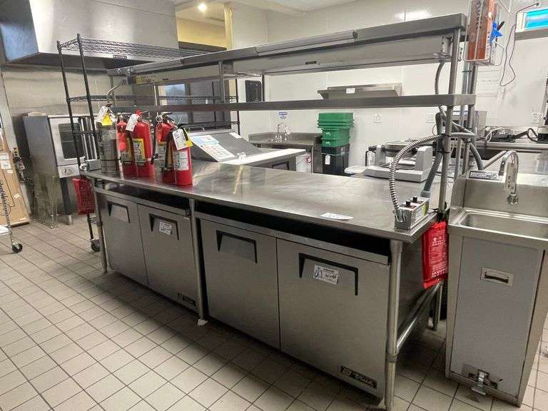 36" x 108' stainless table with open base and double stainless over shelves with 2 Hatco 48" warmers under top shelf - with table top heat controls - nice table