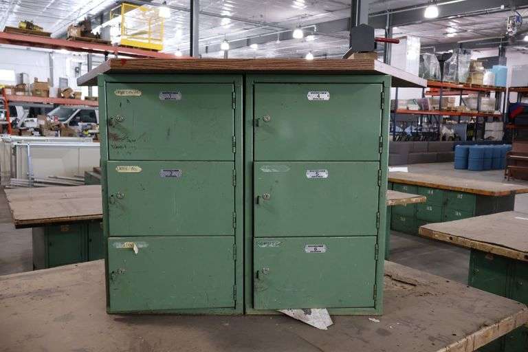 24" x 60" Table with 6 bay locker metal base cabinet & One Way grinding jig