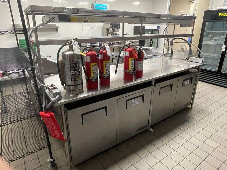 36" x 108' stainless table with open base and double stainless over shelves with 2 Hatco 48" warmers under top shelf - with table top heat controls - nice table