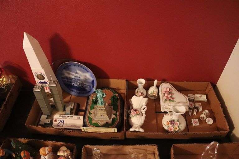 All to go - 2 boxes of ornate glassware of vases and piano, knick knacks and more