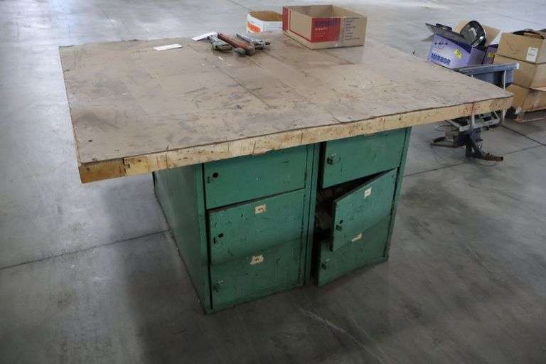54" x 64" x 2" Thick shop table with 12 bay locker metal base cabinet