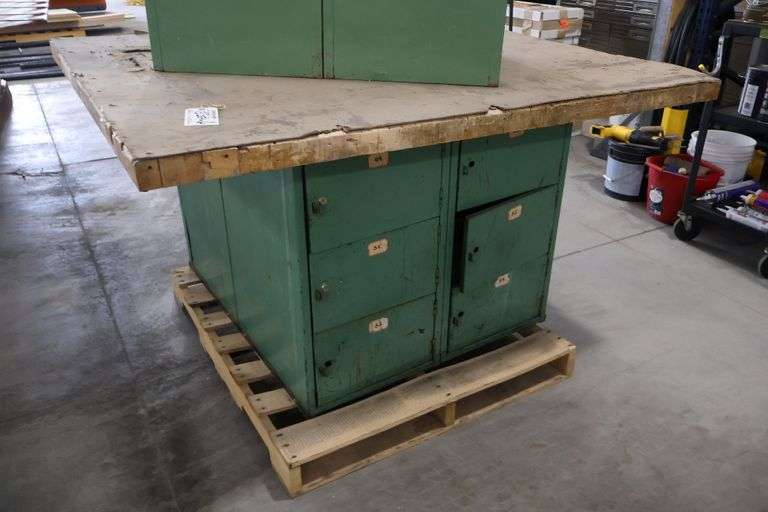 54" x 64" x 2" Thick shop table with 12 bay locker metal base cabinet