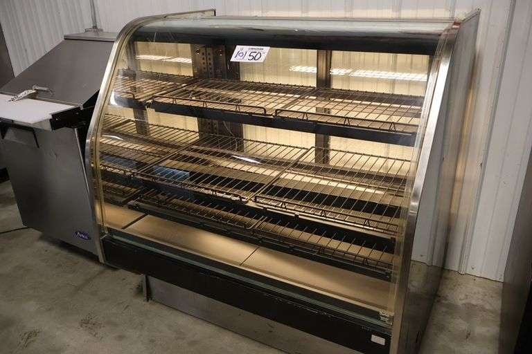 50" Barker curved glass front sliding rear glass door dry pastry case