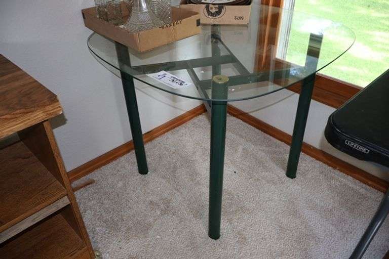 36" x 36" metal framed glass top table - Located upstairs
