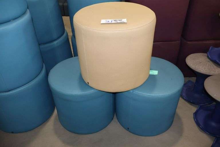 All to go - 3 Hon 18" round x 16" tall blue & tan vinyl stools - rougher condition