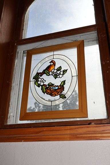 12" x 18" wood framed bird leaded glass pane - not sure if it is leaded glass - Located upstairs