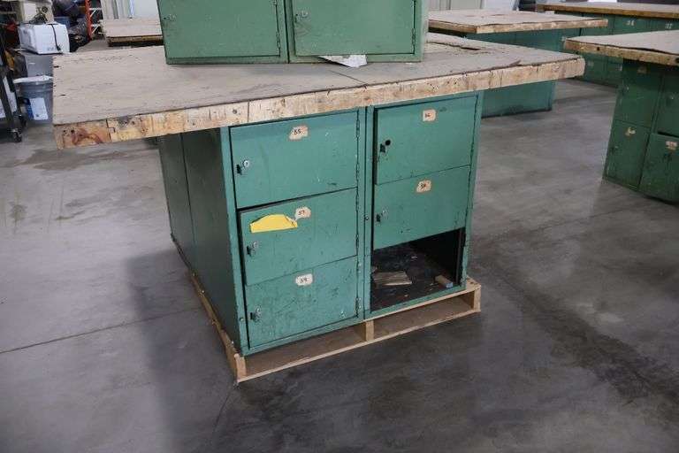 54" x 64" x 2" Thick shop table with 12 bay locker metal base cabinet