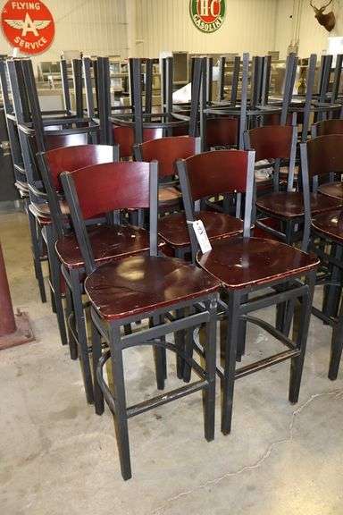 Times 12 - Black metal framed cherry finished wood seat & back bar chairs - wood has some knicks around corners