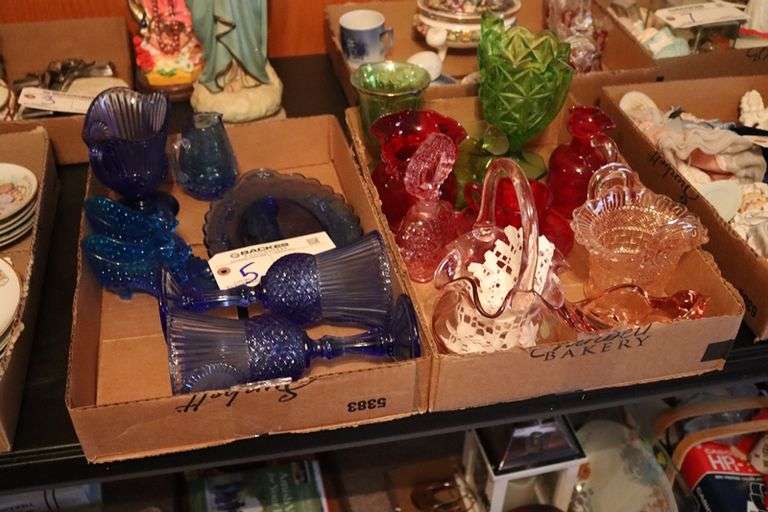 All to go - 2 boxes of blue glassware, pink and green depression glassware