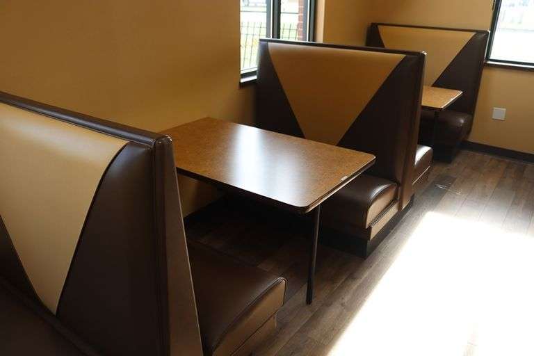 Times 4 - 4 passenger, brown and tan vinyl padded backs and seats booth openings with wall mount tables - very nice heavy duty booths