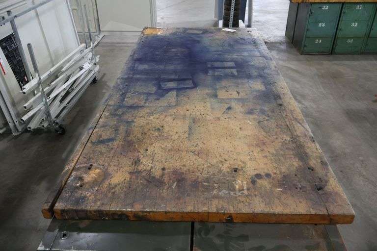 45" x 96" x 2" Thick shop table with 36 bay locker metal base cabinet