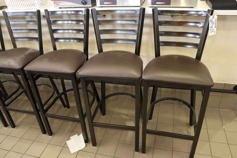 Times 11 - brown metal framed ladder back bar chairs with vinyl padded seats - nice