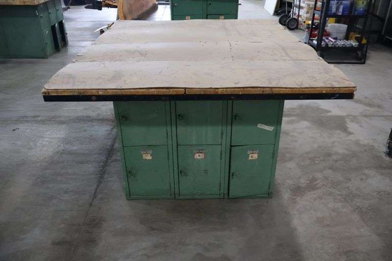 54" x 64" x 2" Thick shop table with 12 bay locker metal base cabinet - with Wilton 7" undermount vise
