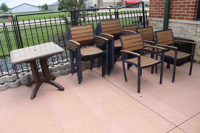 Large lot to go - 30" x 30" table - 15 broken chairs as is - 42" round table - as is umbrellas