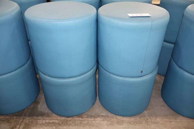 Times 4 - Hon 18" round x 16" tall blue vinyl stools - showing some stains - buyer to view