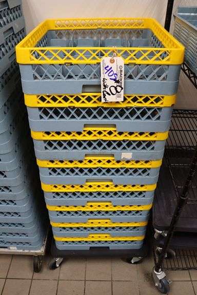 Times 8 - 16 compartment glass dish box racks with extenders and dolly