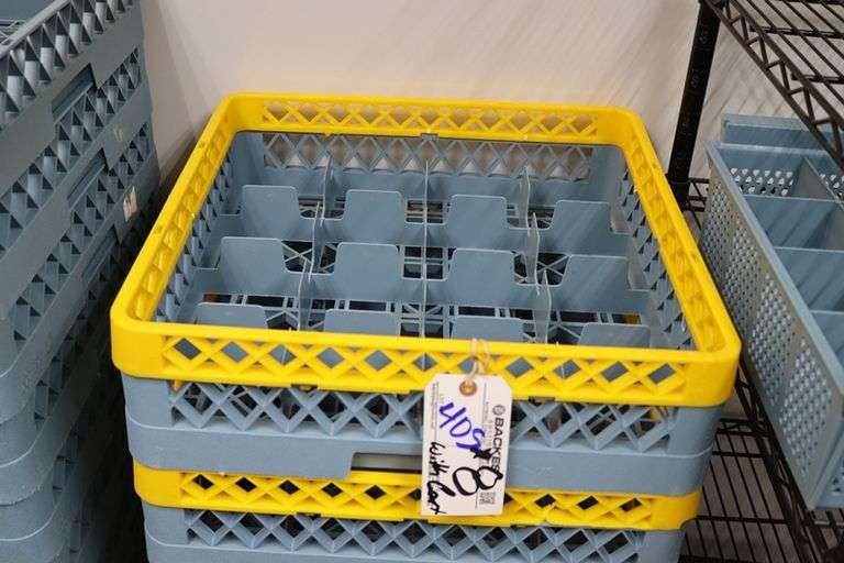 Times 8 - 16 compartment glass dish box racks with extenders and dolly