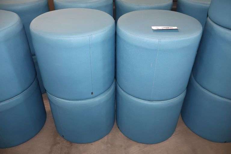 Times 4 - Hon 18" round x 16" tall blue vinyl stools - showing some stains - buyer to view