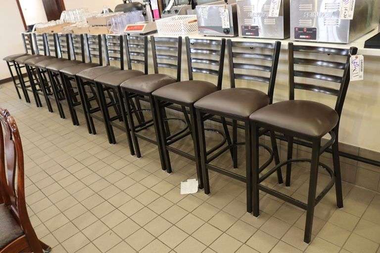 Times 11 - brown metal framed ladder back bar chairs with vinyl padded seats - nice