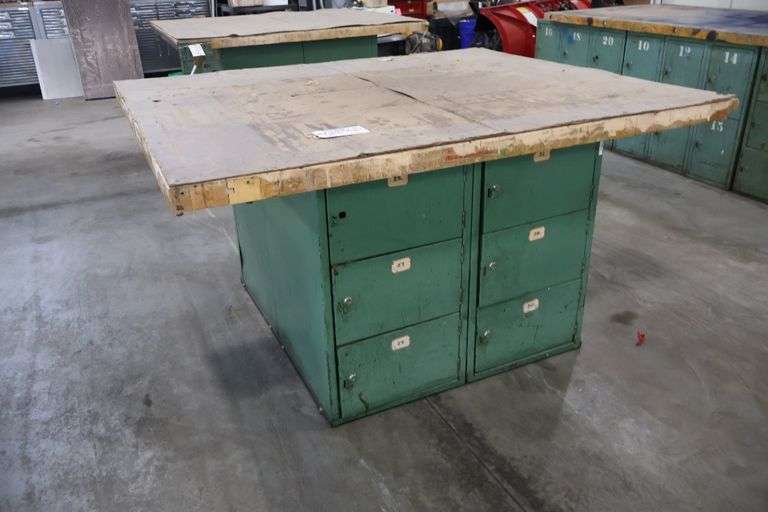 54" x 64" x 2" Thick shop table with 12 bay locker metal base cabinet