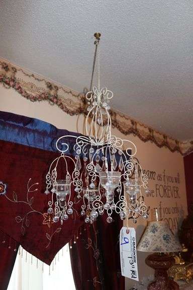 13" round hanging chandelier - candle powered - buyer to remove with assistance from Backes