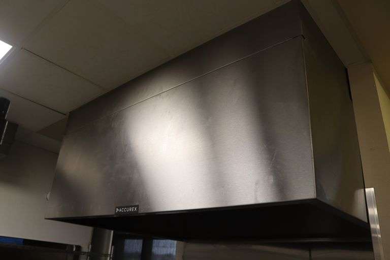 Accurex 54" x 72" stainless baking hood with exhaust fan - has manufacture tag - buyer to remove exhaust fan from roof - seller with cap the hole