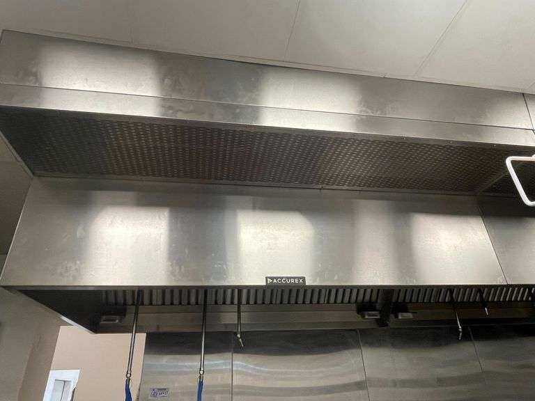 Complete Hood System - Accurex 54" x 17' stainless digital controlled exhaust hood system with wet fire suppression, 2 exhaust fans - heated return air fan - Buyer to remove all units - seller with cap holes in the roof - This is a fabulous, high dollar hood system - hood is a two piece unit bolted together - Installed in 2022/2023 time frame - WOW