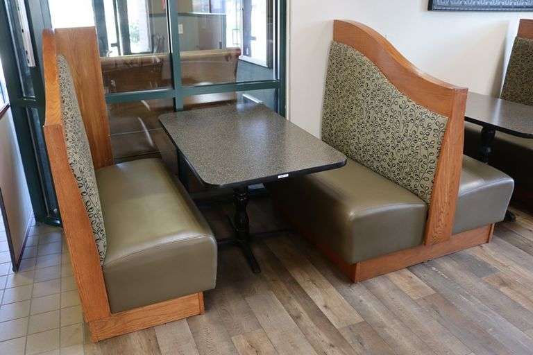 Times 3 - solid oak framed 4 passenger booth openings with vinyl padded backs and seats with single pedestal tables