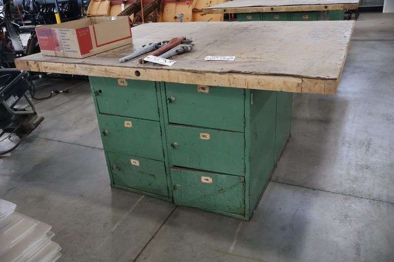 54" x 64" x 2" Thick shop table with 12 bay locker metal base cabinet
